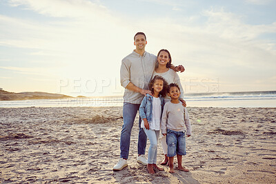 Buy stock photo Travel, beach and portrait of parents with children on holiday, summer vacation and weekend. Nature, sunset and happy mother, father and kids by ocean for bonding, adventure and quality time together