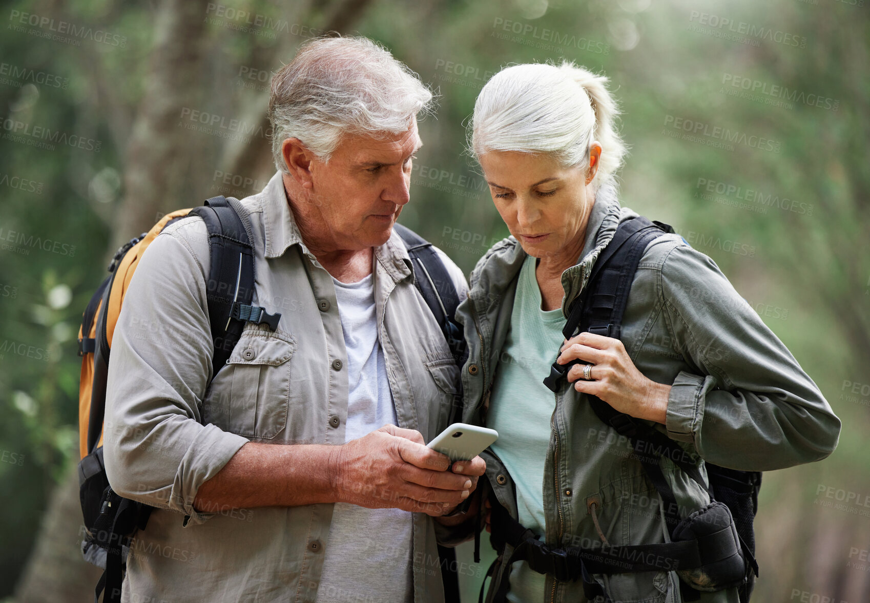 Buy stock photo Forest, hiking and elderly couple with phone for gps, location or navigation while exploring together. Online, maps and active senior man with woman checking direction while backpacking in nature