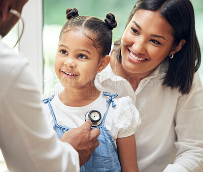Buy stock photo Mother, child and doctor with stethoscope for health care in a hospital for heart and lungs. African woman, pediatrician man and kid patient for medical help, family insurance or development check