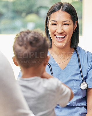 Buy stock photo Family, healthcare and nurse with a smile, patient and appointment for health issue, virus and friendly. Female person, employee or medical physician with infant, male child and caregiver in a clinic