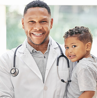 Buy stock photo Doctor, child and happy portrait for health care in hospital with a smile at a consultation. Face of black man or pediatrician and kid patient for medical help, family insurance or development check