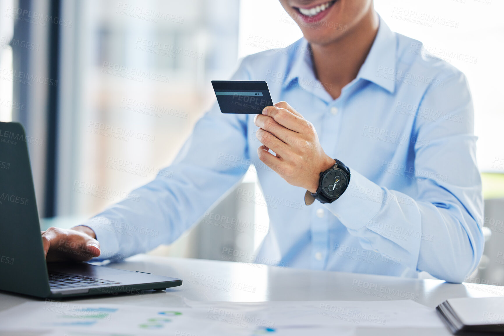 Buy stock photo Business man, credit card and laptop in office for online shopping, typing info or payment on internet. Happy businessman, banking and password for cybersecurity with sale, discount or fintech on web