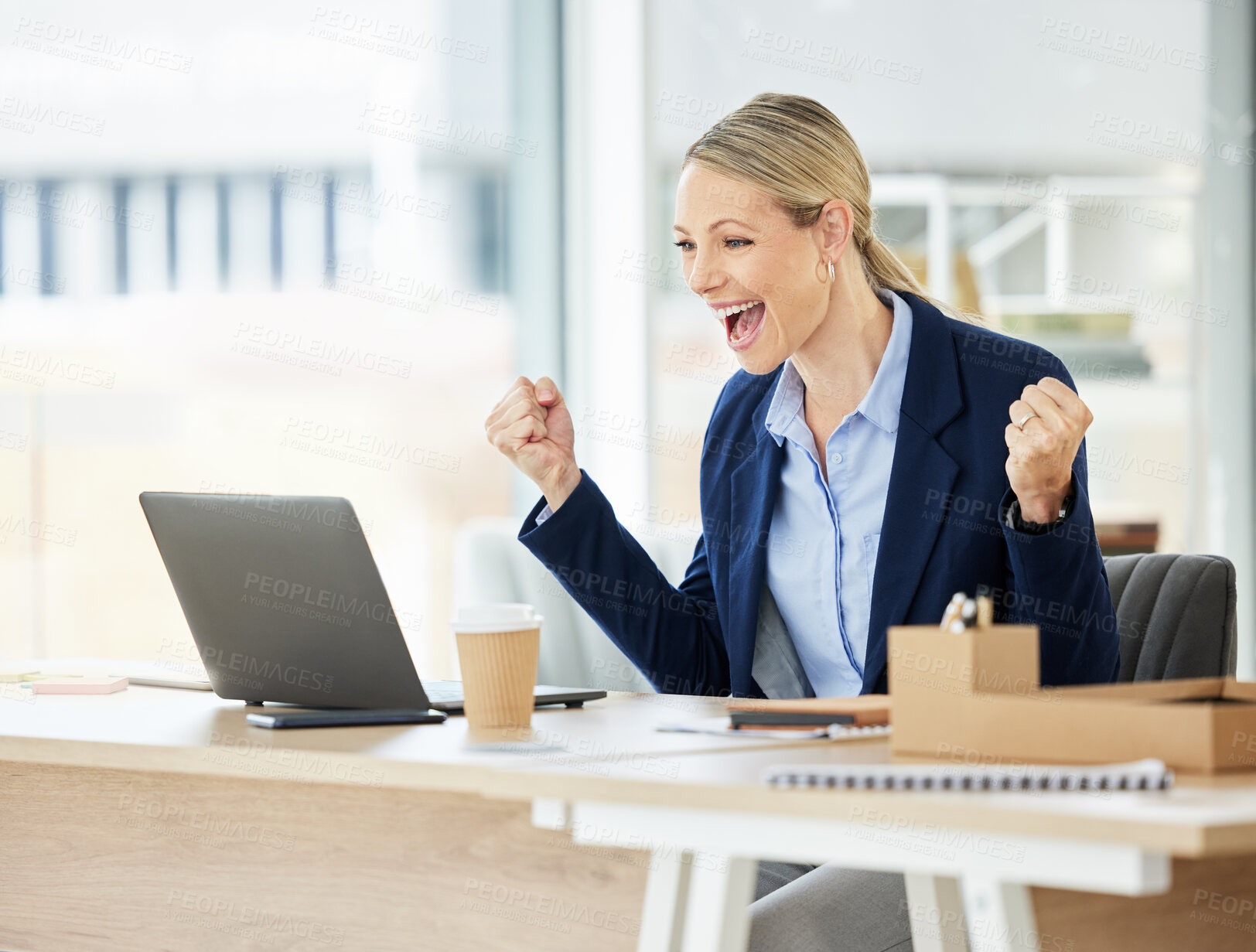 Buy stock photo Business, woman and excited at achievement at a desk with success at the office with laptop. Celebrate, female professional and good news at a company with promotion for happiness with a computer.