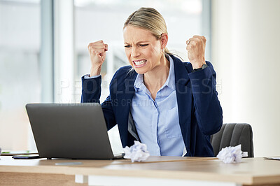 Buy stock photo A young caucasian businesswoman yelling while using a laptop in an office at work. Female having a stressful day at work and showing her frustration