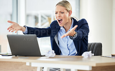 Buy stock photo Business, screaming and woman with anger, laptop and error with connection issue, frustrated and glitch. Female person, consultant and employee with a pc, angry and shouting with a problem and stress