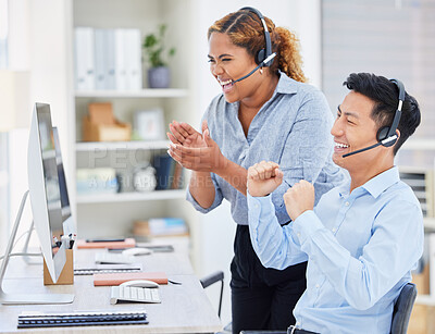 Buy stock photo Telemarketing, business people and success cheer of staff with good news and promotion email. Motivation, contact us and call center employee with applause and winner group in office with support