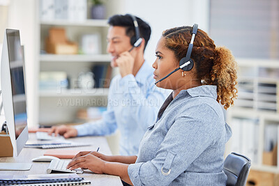 Buy stock photo Telemarketing, business woman and contact us computer in a office with typing at desk. Call center, African female employee and consulting focus of a worker with web support and agent advice notes