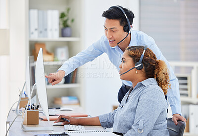 Buy stock photo Call center, training and manager with woman on computer for help, advice and assistance. Telemarketing, customer support and female intern with Asian man boss for contact, crm service and consulting