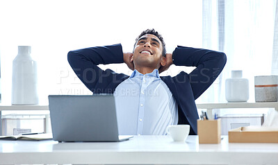 Buy stock photo Relax, business and man with a smile, laptop and good deal in an office, calm and stretching. Male person, consultant and agent in a workplace, rest and peace with sales, connection and finished task