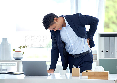 Buy stock photo Business, stress and man with back pain, health issue and consultant with muscle tension, strain and discomfort. Male person, employee and agent with posture problems, medical injury and overworked
