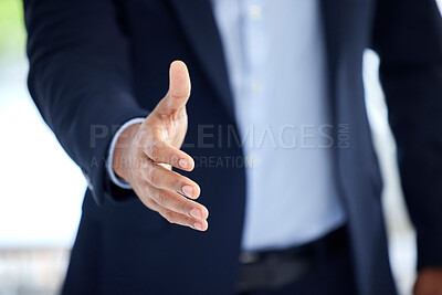 Buy stock photo Business, man and hand with negotiation in closeup for an interview with entrepreneur at a company. Professional male, welcome and meeting with an offer with trust and support for hiring at office.