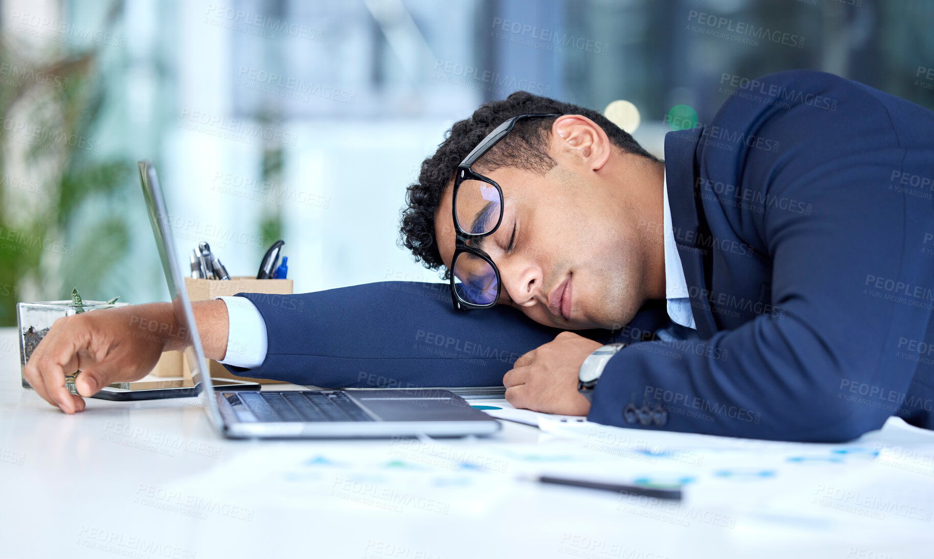Buy stock photo Tired, sleeping and business man in office with stress, burnout and low energy. Sleep, fatigue and male employee exhausted after challenge, problem and lazy crisis, overworked and sick in workplace.