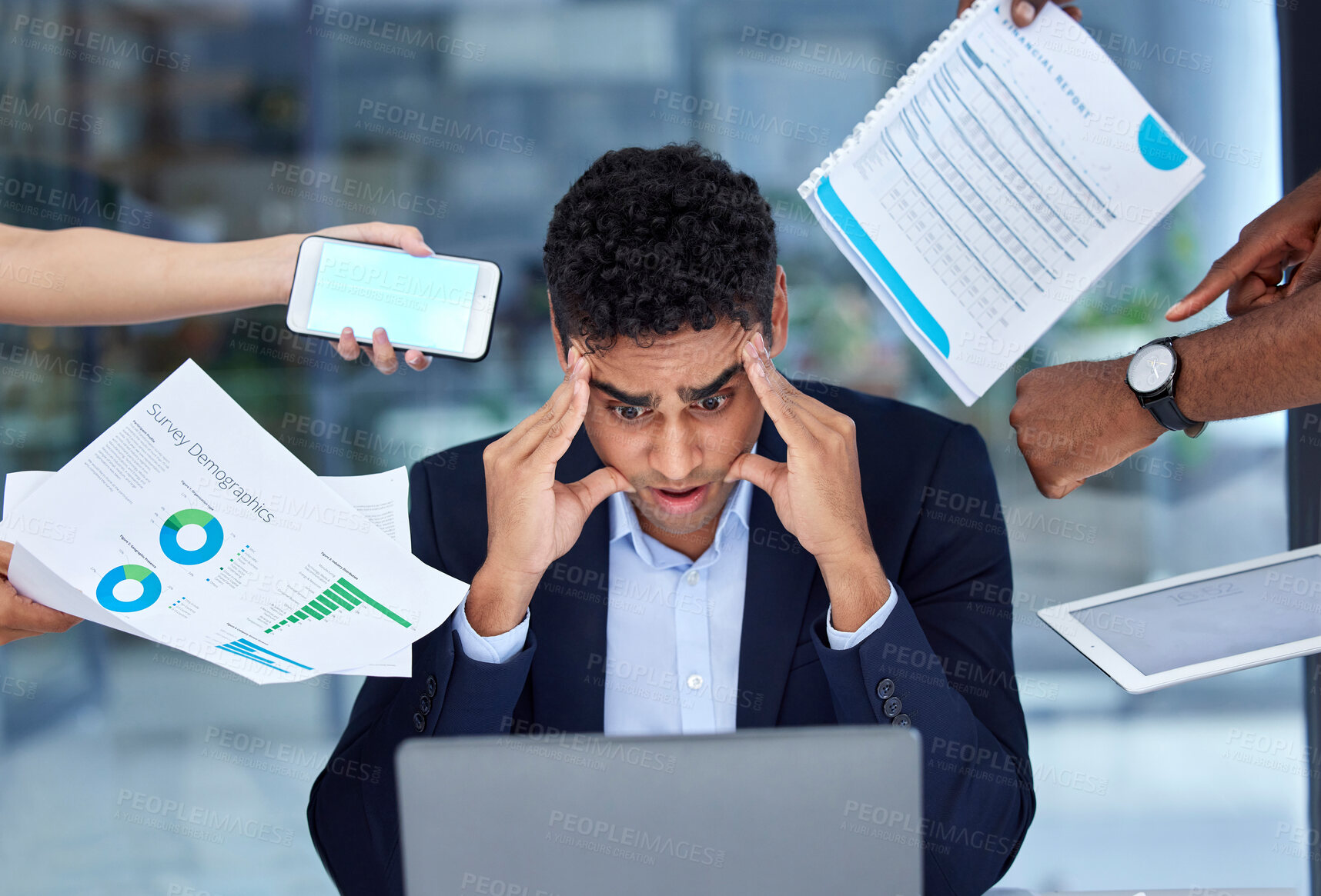 Buy stock photo Debt, paperwork and businessman with work pressure due to tax or fail startup in an office and scared in a company. Anxious, headache and frustrated employee with a stress and tired due to a crisis