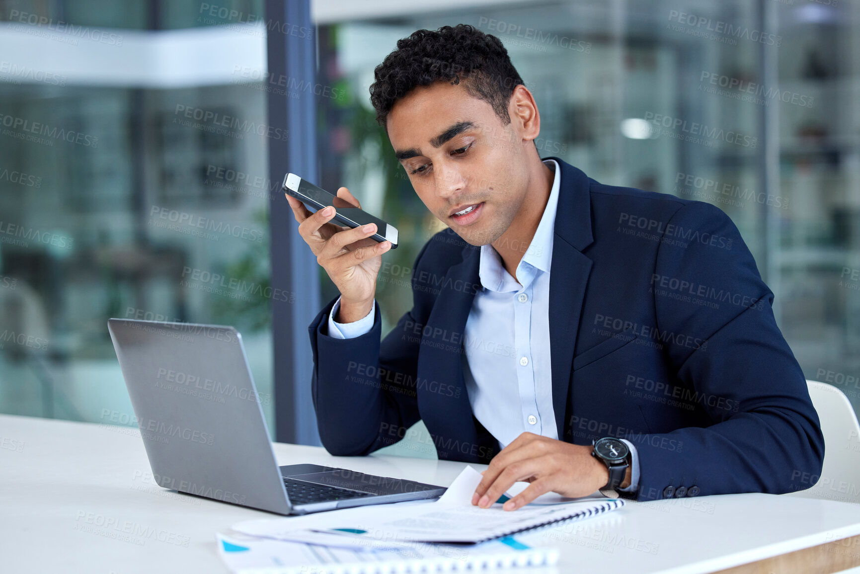 Buy stock photo Businessman, phone call and speaker with laptop and document for accounting or financial advisor at office. Man accountant or business lawyer talking on smartphone with finance paperwork at workplace