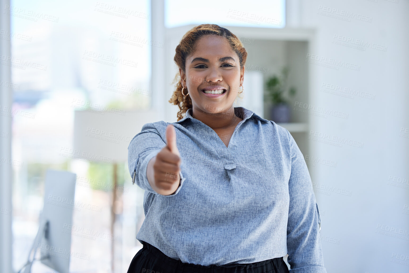 Buy stock photo Portrait, thumbs up and happy business woman in office with winning, sign or thank you gesture. Face, smile and Indian female professional with hand emoji or vote for yes, like and satisfaction