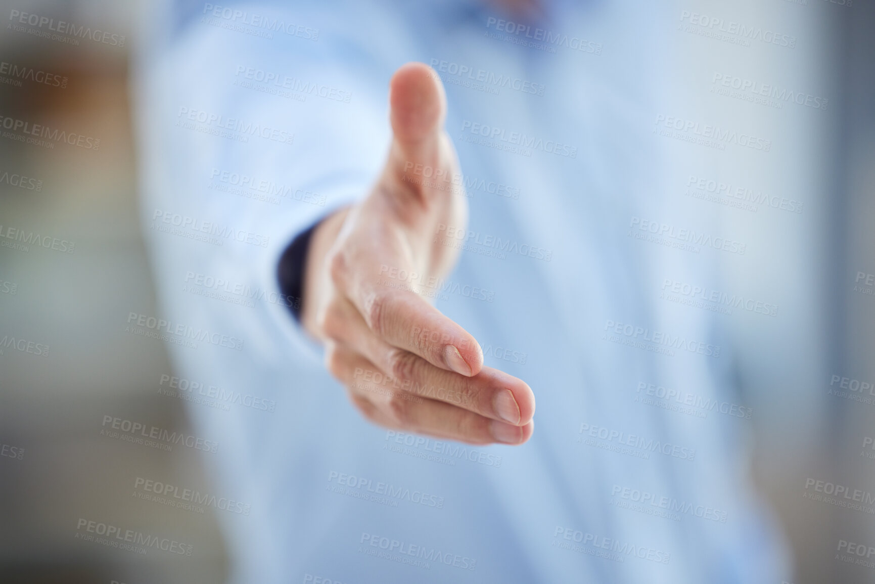 Buy stock photo Closeup, handshake and offer with business man in office for meeting, welcome and networking. Job interview, hiring and thank you with hand of employee for partnership, support and contract agreement