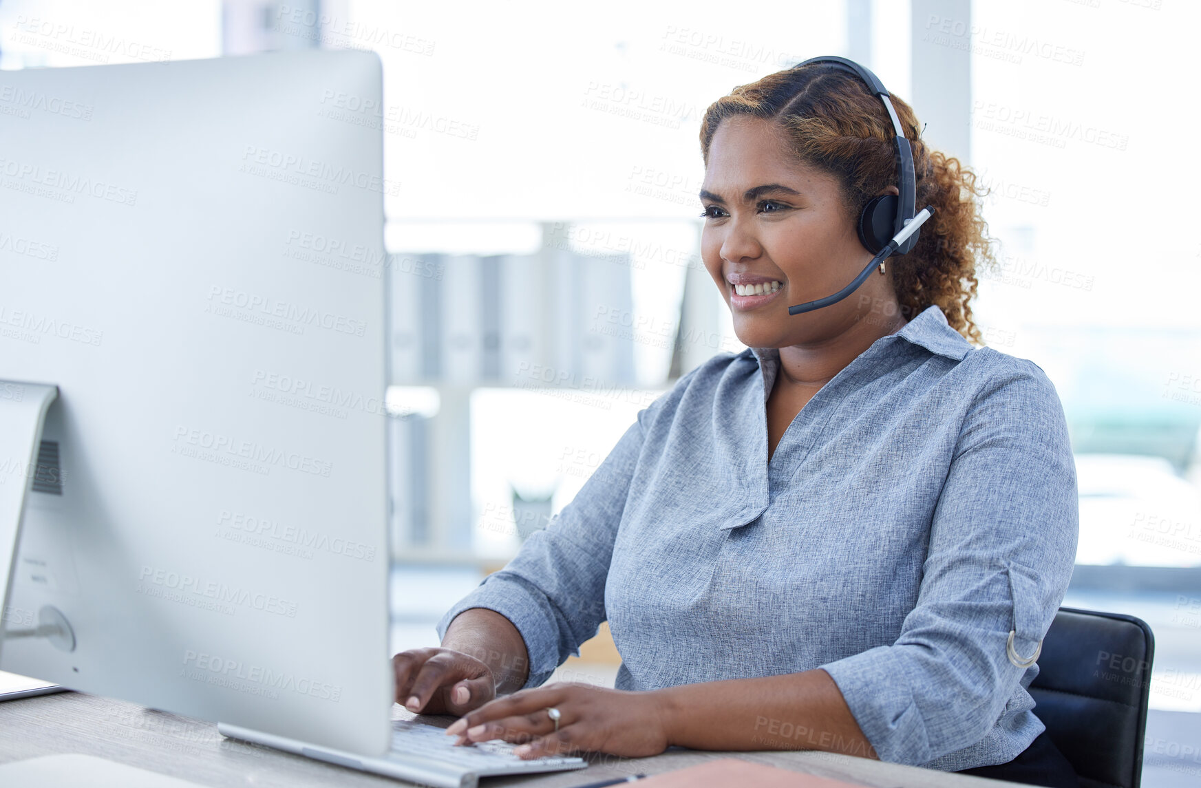 Buy stock photo Smile, call center and Indian woman on computer consulting for crm, faq or contact us in office. Happy, telemarketing and female consultant online for customer service, help or virtual assistance 