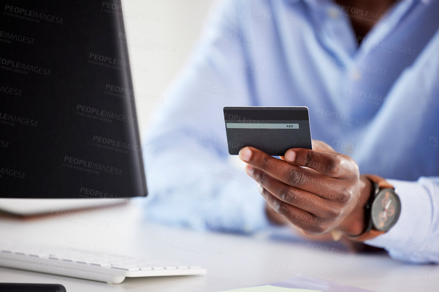 Buy stock photo Hand, black man and computer with credit card, office and online shopping for deal, discount and payment. African customer, cyber security and e commerce with desktop, pc and fintech in workplace