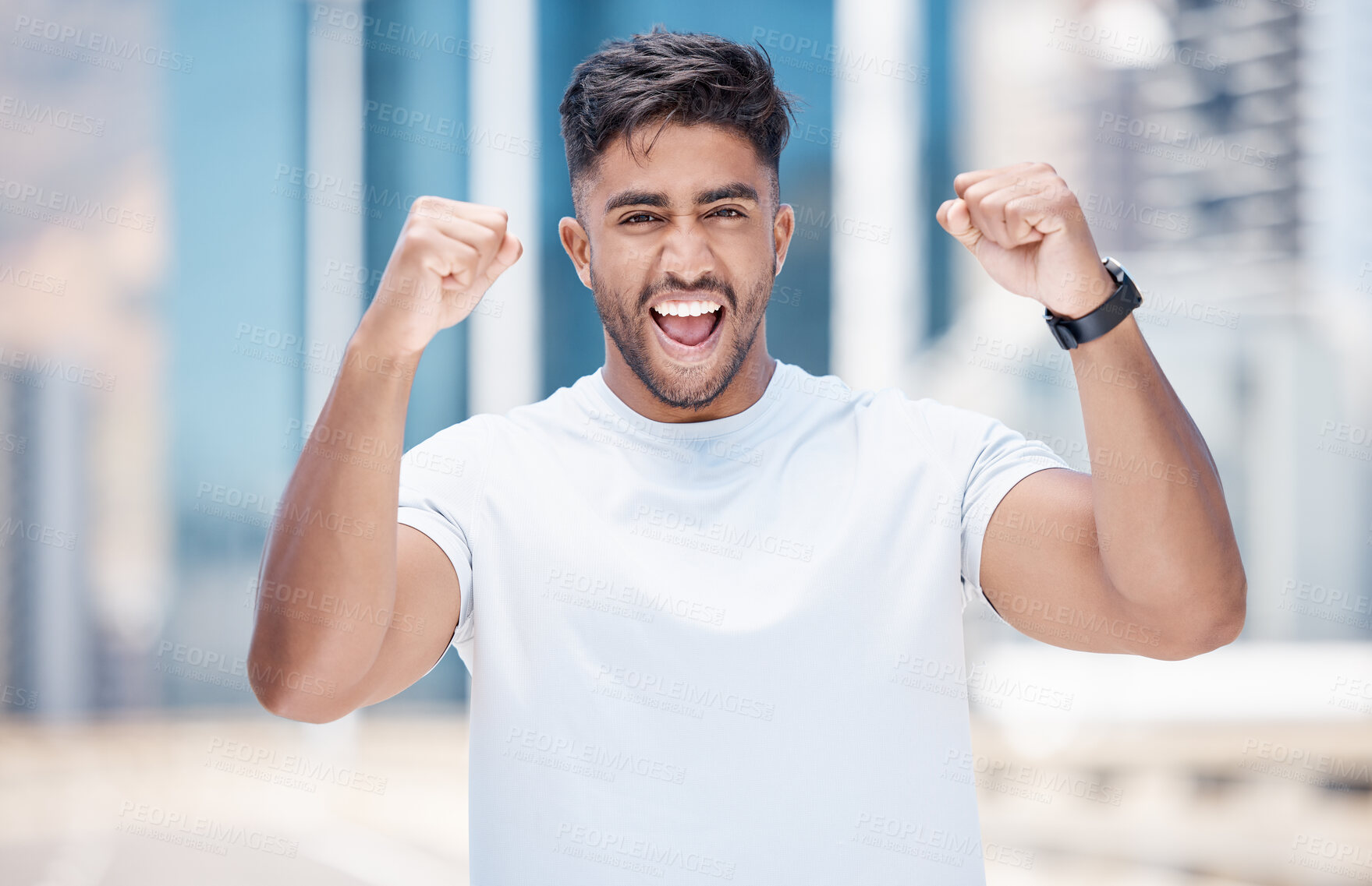Buy stock photo Happy man, fitness and fist in city for winning, celebration or achievement in the outdoors. Excited male person, athlete or runner in joyful happiness for workout success or exercise in a urban town