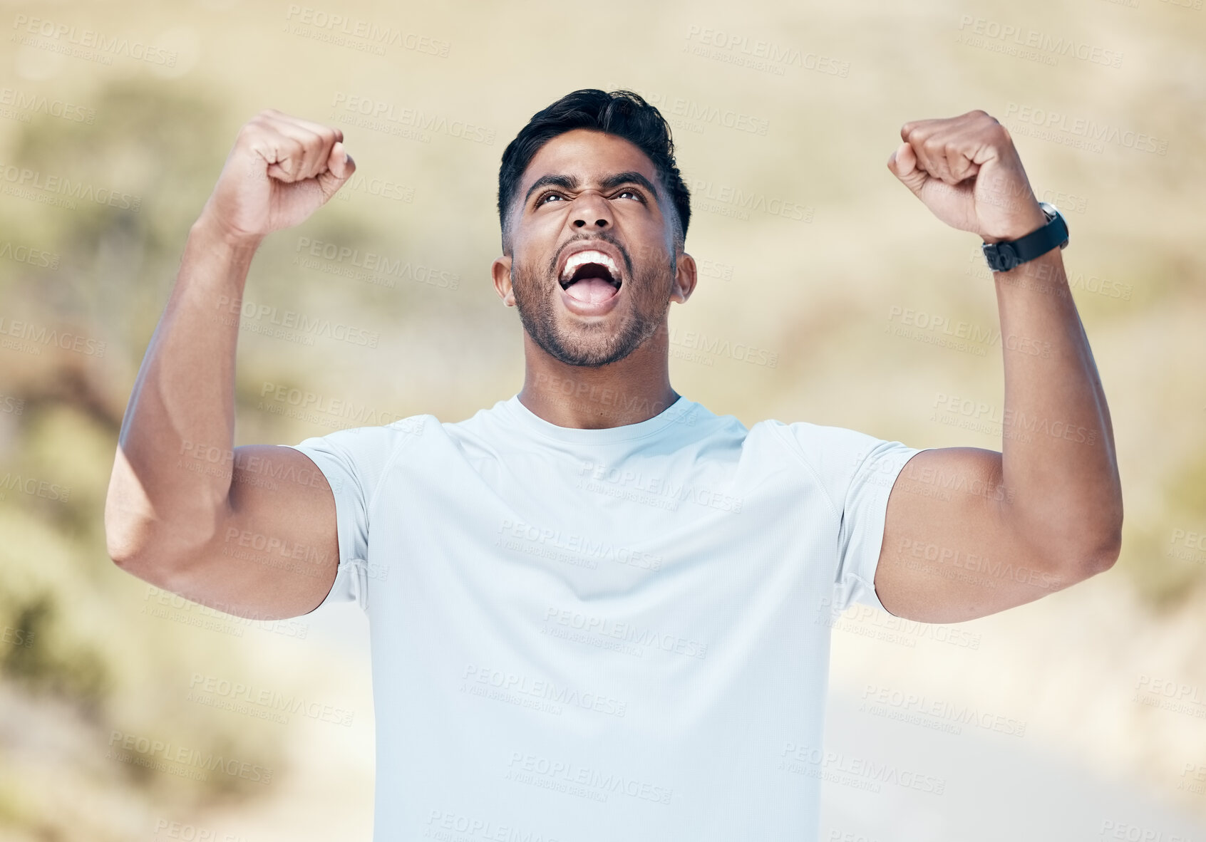 Buy stock photo Man, fitness and fist in celebration for winning, achievement or workout exercise and training in nature outdoors. Happy and excited male person, athlete or runner in joy for cardio, win or victory
