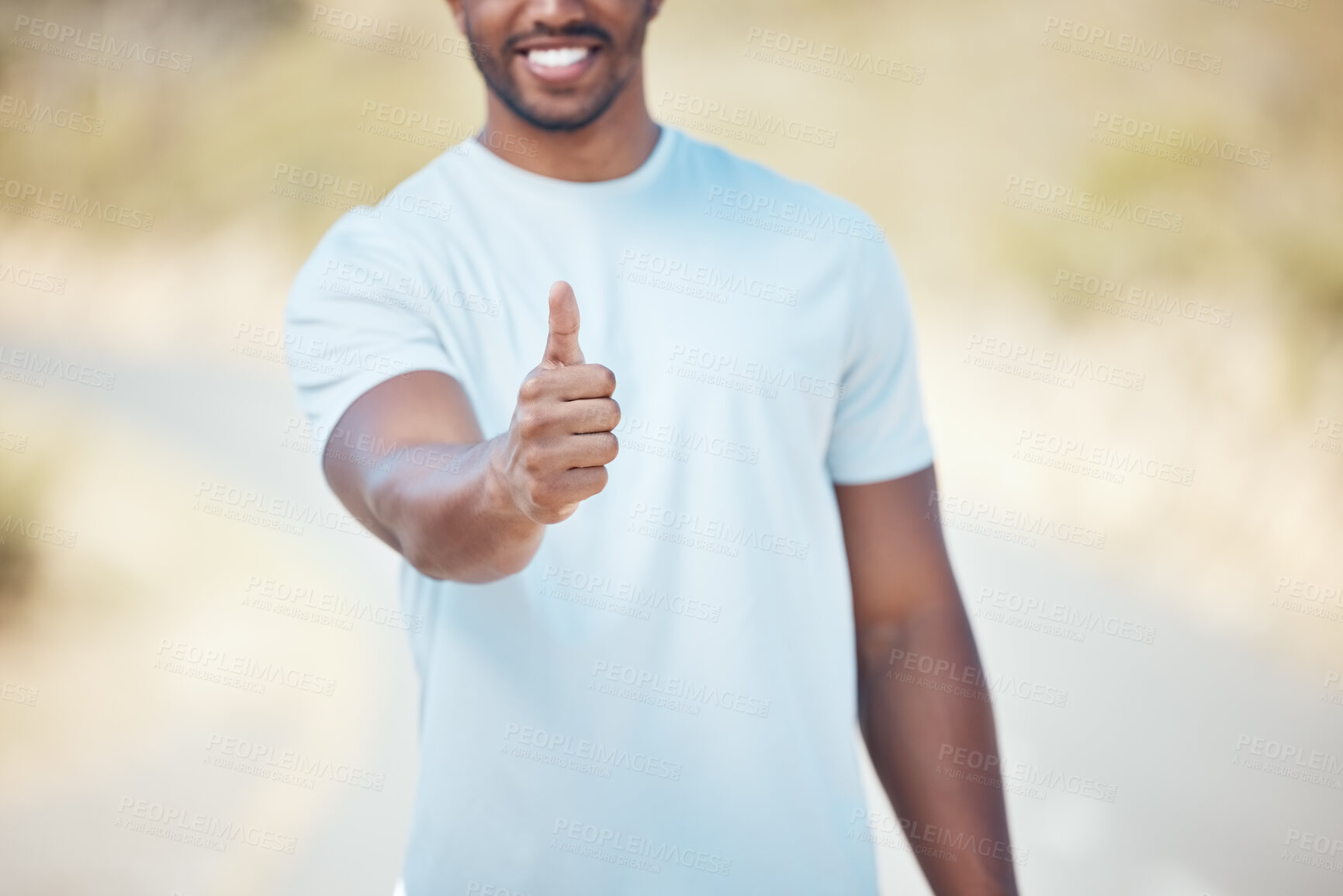 Buy stock photo Man, fitness and hand with thumbs up in nature for exercise, cardio workout or running outdoors. Happy male person, athlete or runner with thumb emoji, yes sign or like for healthy wellness outside