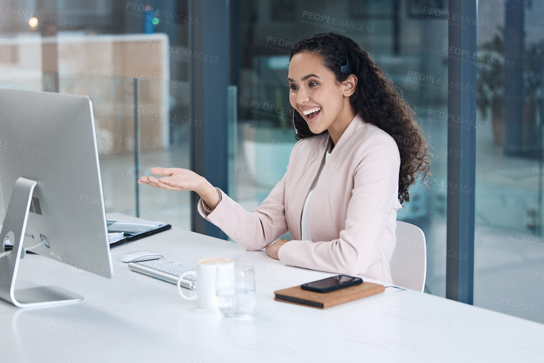 Buy stock photo Happy call center woman, computer and talk for customer service, technical support or it advice in office. Consultant, agent or telemarketing crm with excited face, pc or smile at help desk for sales