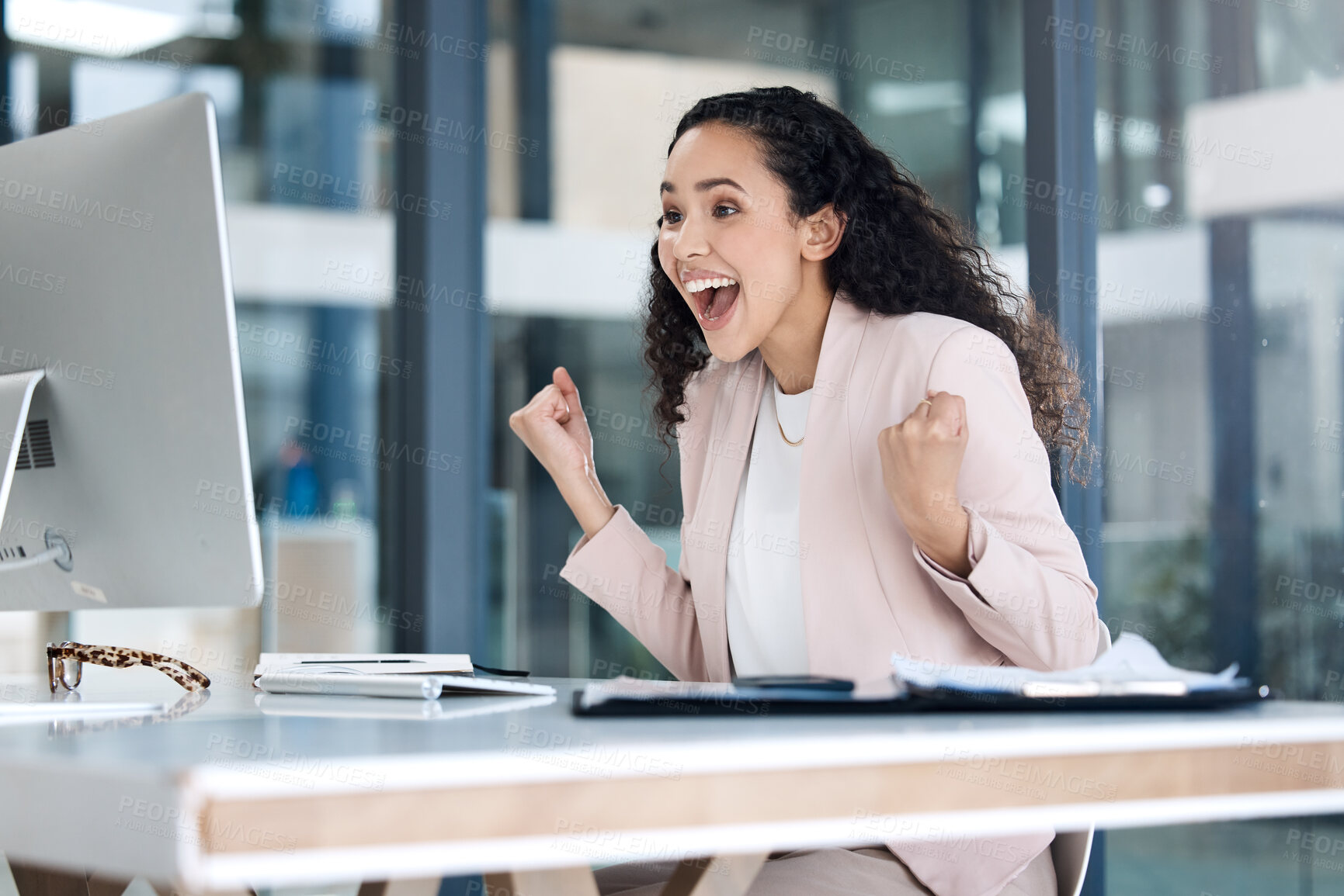 Buy stock photo Celebration, good news and businesswoman with a fist pump in the office for success or achievement, Computer, winner and professional female employee with corporate goal to celebrate in the workplace