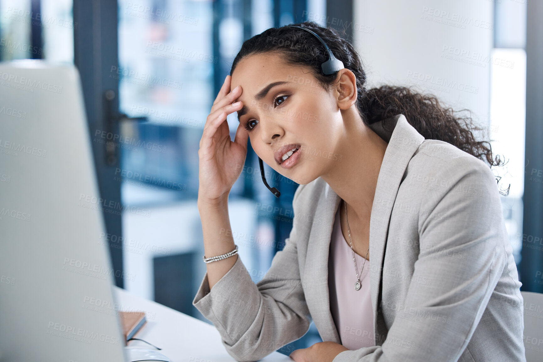 Buy stock photo Confused, frustrated and call center with business woman in office for tired, stress or burnout. Customer service, anxiety and mental health with female employee at computer for exhausted and mistake