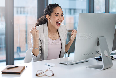 Buy stock photo Business woman, computer and celebration in office with fist for win, success or goal with profit, bonus or promotion. Excited businesswoman, winner and celebrate by pc for investment on stock market