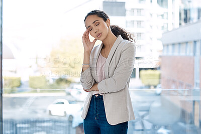 Buy stock photo Headache, stress and business woman in office for frustrated, tired and anxiety. Burnout, mental health and corporate with female employee and pain at window for mistake, problem and overworked