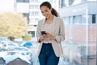 Buy stock photo Phone, smile and business woman in office for networking, communication app and social media. Technology, internet and text message with female employee by window for professional, website and email