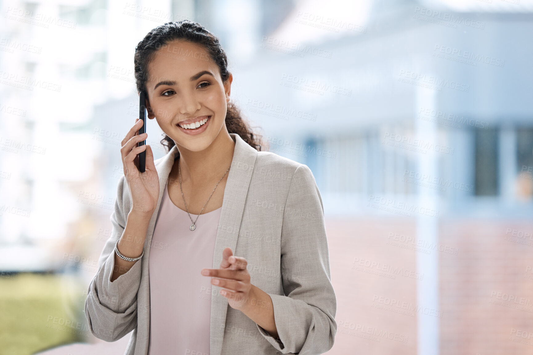 Buy stock photo Phone call, happy and businesswoman with cellphone in the office for communication or discussion. Happiness, smile and professional female employee on mobile conversation with confidence in workplace