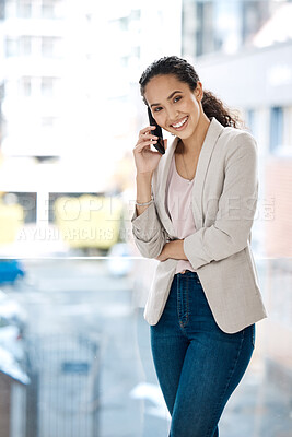 Buy stock photo Phone call, smile and portrait of business woman in office for networking, happy and conversation. Communication app, contact and technology with employee by window for connection and entrepreneur
