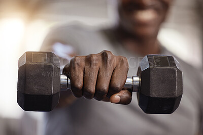 Buy stock photo Dumbbells, hand and exercise closeup at gym for fitness, training workout and strong muscle. Athlete or bodybuilder person with a fist and iron weights for power and performance at a wellness club 