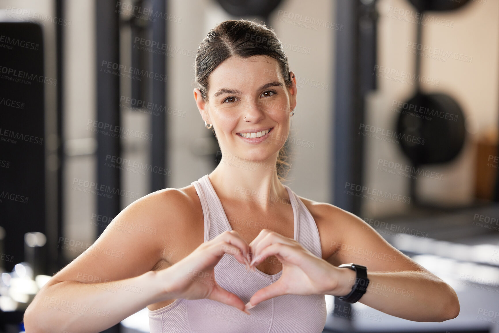 Buy stock photo Woman, hands and heart shape for exercise at gym for fitness, training workout or healthy lifestyle. Happy athlete person with hand, sign and icon or emoji for love, wellness or cardiovascular health