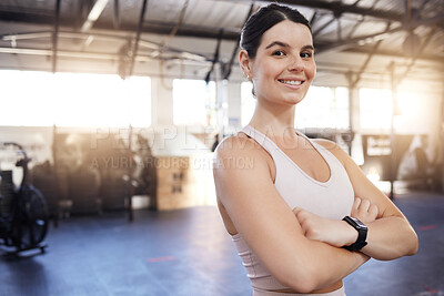 Buy stock photo Happy, arms crossed and exercise with a woman at gym for fitness, training workout and strong muscle. Portrait of athlete person with a smile for space, motivation and performance at wellness club 