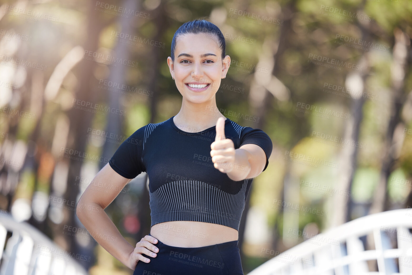 Buy stock photo Runner, portrait or happy woman with thumbs up in park for fitness training with positive mindset or smile. Motivation, workout or personal trainer with like sign, hand gesture or thumb up in nature