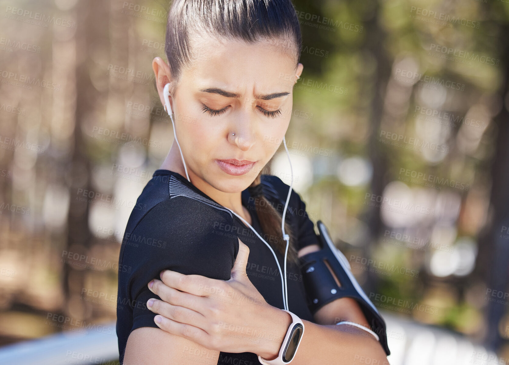 Buy stock photo Shoulder pain, runner or woman with injury, joint or bad body ache in fitness training or workout. Tension in bruised arms, sore muscles or injured sports girl in accident, agony or emergency in park