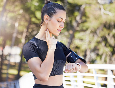 Buy stock photo Woman runner, watch and neck for pulse in park, bridge or outdoor for fitness, health or training for sport. Girl, heart rate and check clock for running, performance or wellness in summer sunshine