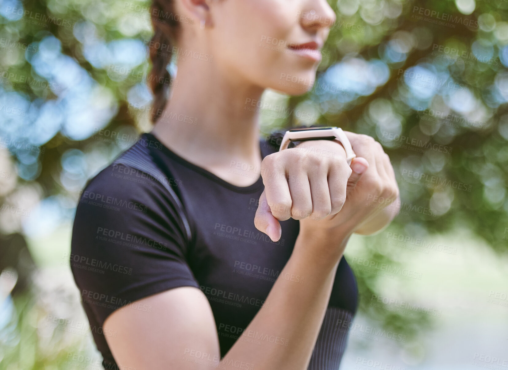 Buy stock photo Hands, runner or woman stretching arms for workout or body movement on relaxing fitness break. Wellness zoom, athlete or healthy girl in exercise training warm up for flexibility or mobility in park