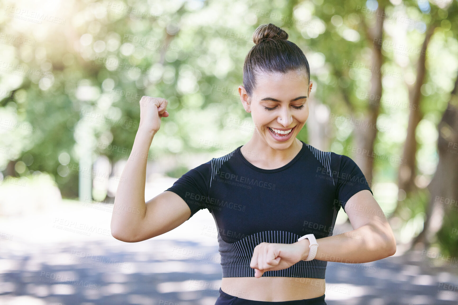 Buy stock photo Success happy woman or runner with smartwatch in park for heart rate to monitor training or exercise progress. Excited, yes or healthy sports athlete with timer celebrates running workout or fitness