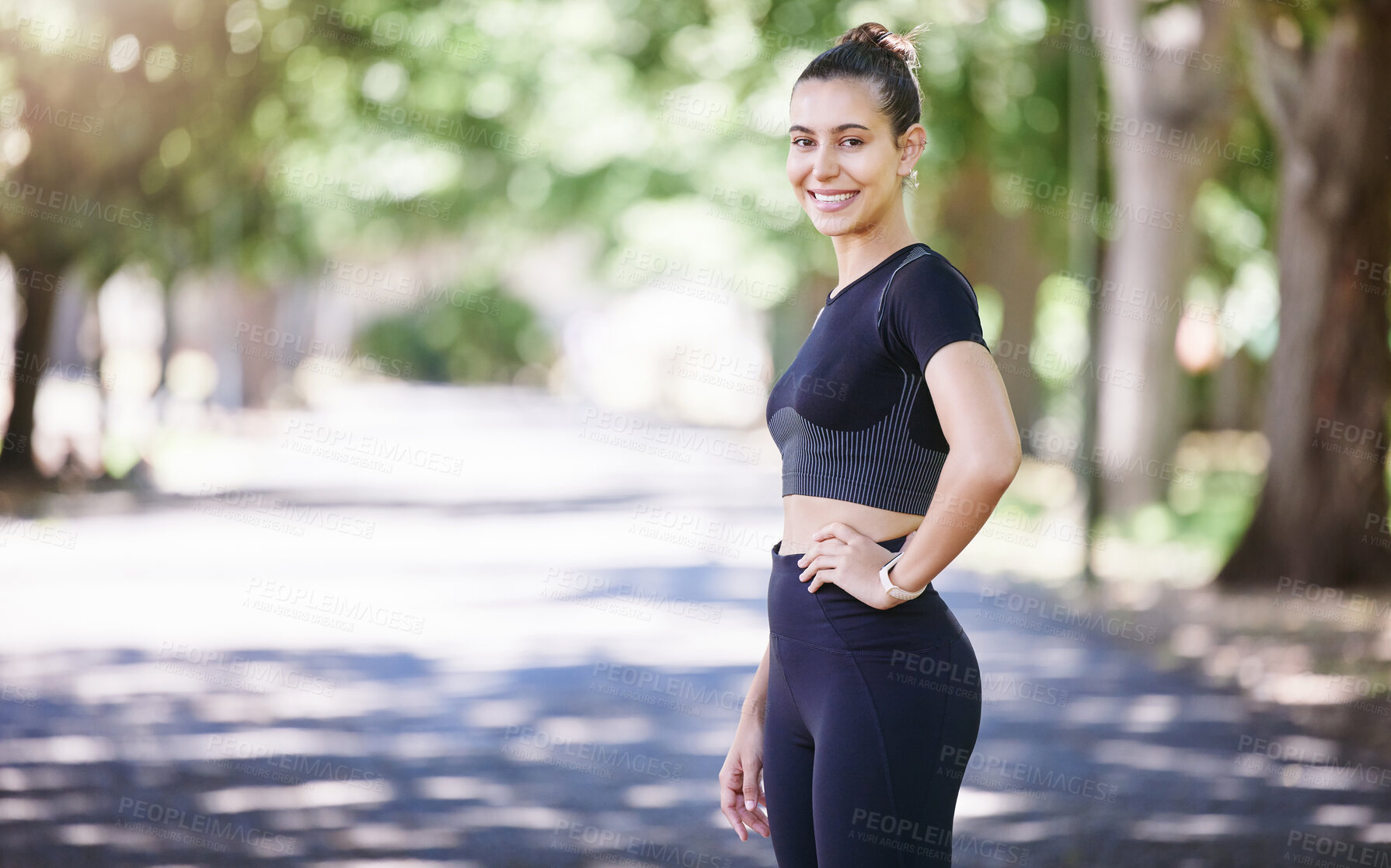 Buy stock photo Portrait, runner or happy woman ready for fitness workout or body movement while relaxing on break. Resting, tired sports athlete or healthy girl in exercise training with smile or confidence in park