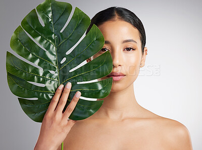 Studio portrait of a beautiful mixed race woman posing with an exotic leaf. Young hispanic using an organic skincare treatment against a grey copyspace background