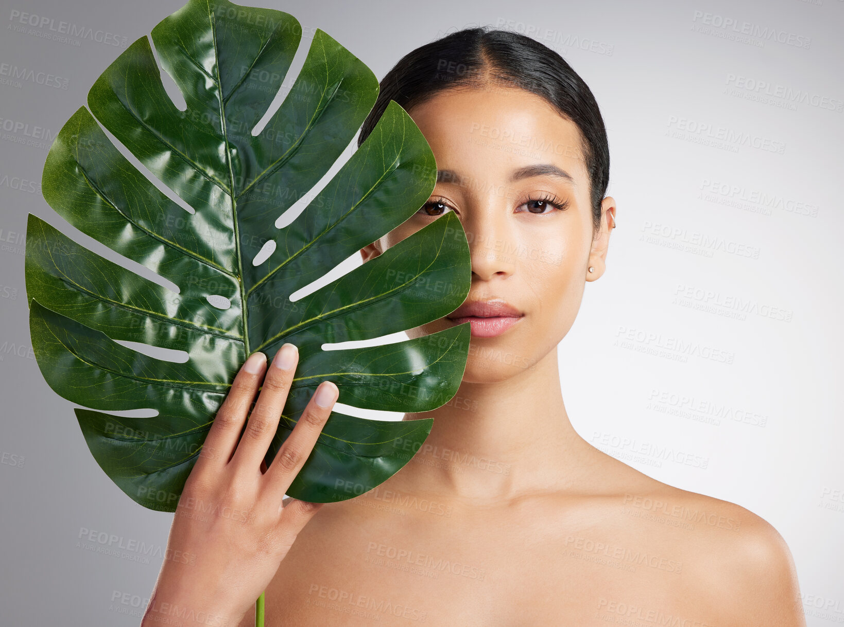 Buy stock photo Studio portrait of a beautiful mixed race woman posing with an exotic leaf. Young hispanic using an organic skincare treatment against a grey copyspace background