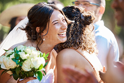 Buy stock photo Beautiful stylish bride greeting and socialising with friends and family. Guests congratulating the bride on her wedding day