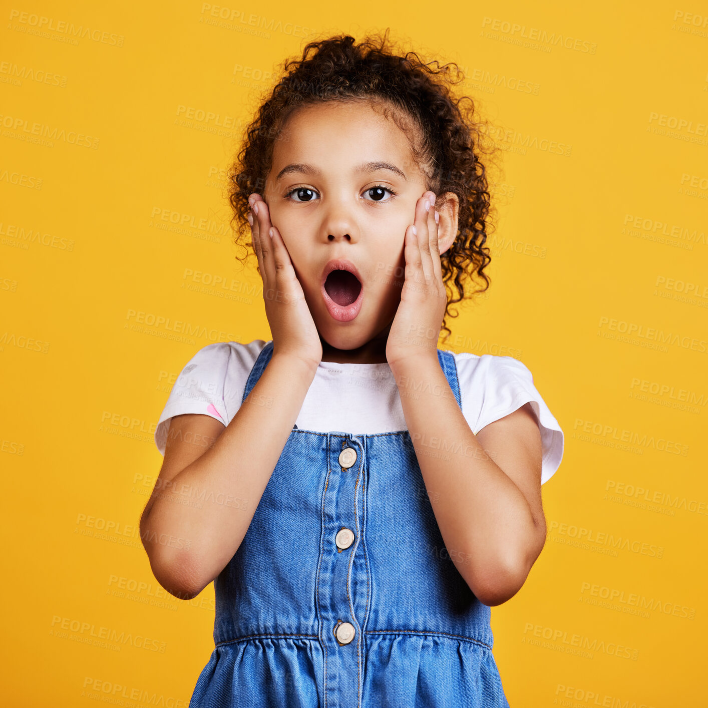 Buy stock photo Portrait, wow and girl surprise, shock and kid amazed against a studio back ground. Face, young person and female child with facial expression, emoji and touching cheeks with news and announcement 