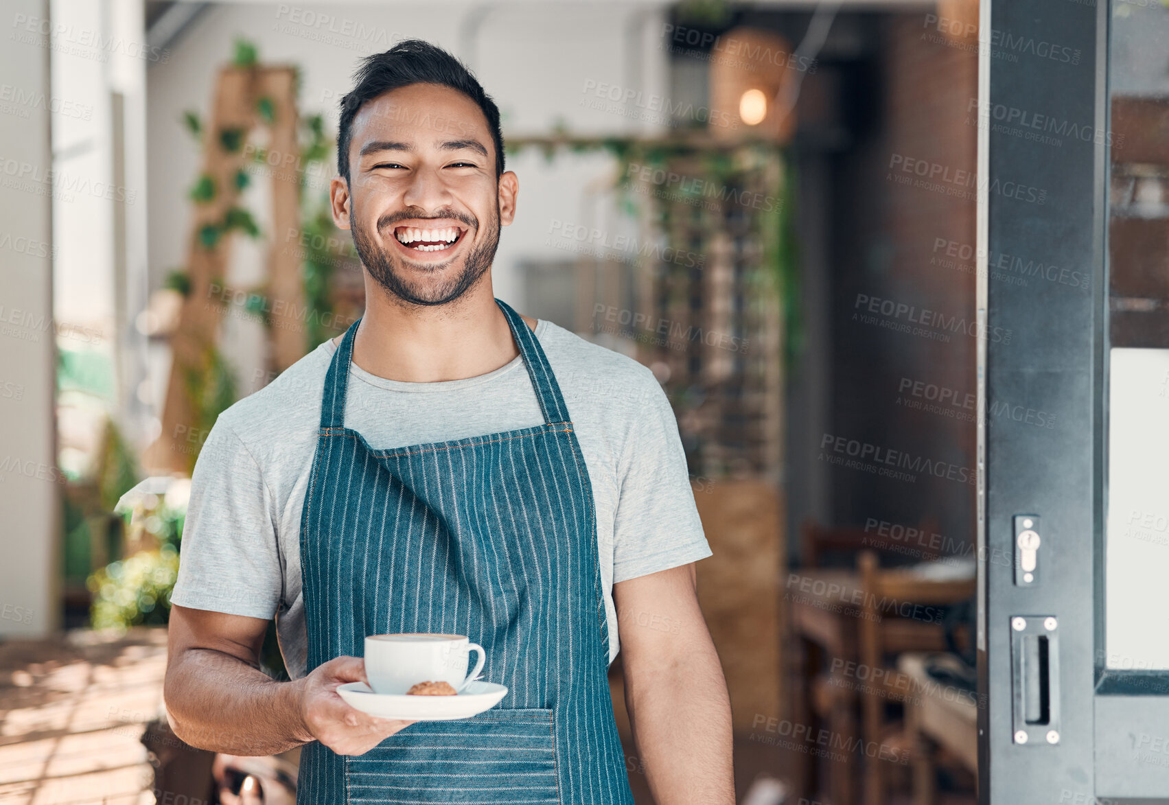 Buy stock photo Barista, man and portrait with coffee with hospitality and service in a small business with happiness. Laugh, hot drink and cafe owner at door with latte and cappuccino of manager and entrepreneur