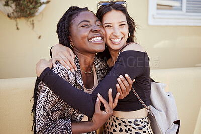 Buy stock photo Girl friends hug, laugh and happiness outdoor with funny joke and smile from love and travel. Comedy, women and happy young people with holiday in town laughing with street fashion and vacation