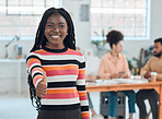 Portrait of a young happy african american businesswoman showing a thumbs up in an office at work. Cheerful black female businessperson showing support with a hand gesture