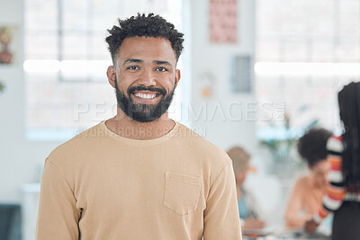 Buy stock photo Portrait of a cheerful mixed race businessman standing in an office. Headshot of a confident hispanic male manager smiling and standing at work